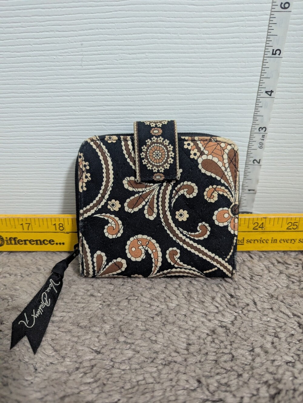 Vera Bradley Black Paisley Zip-Around Wallet with Tan Accents
